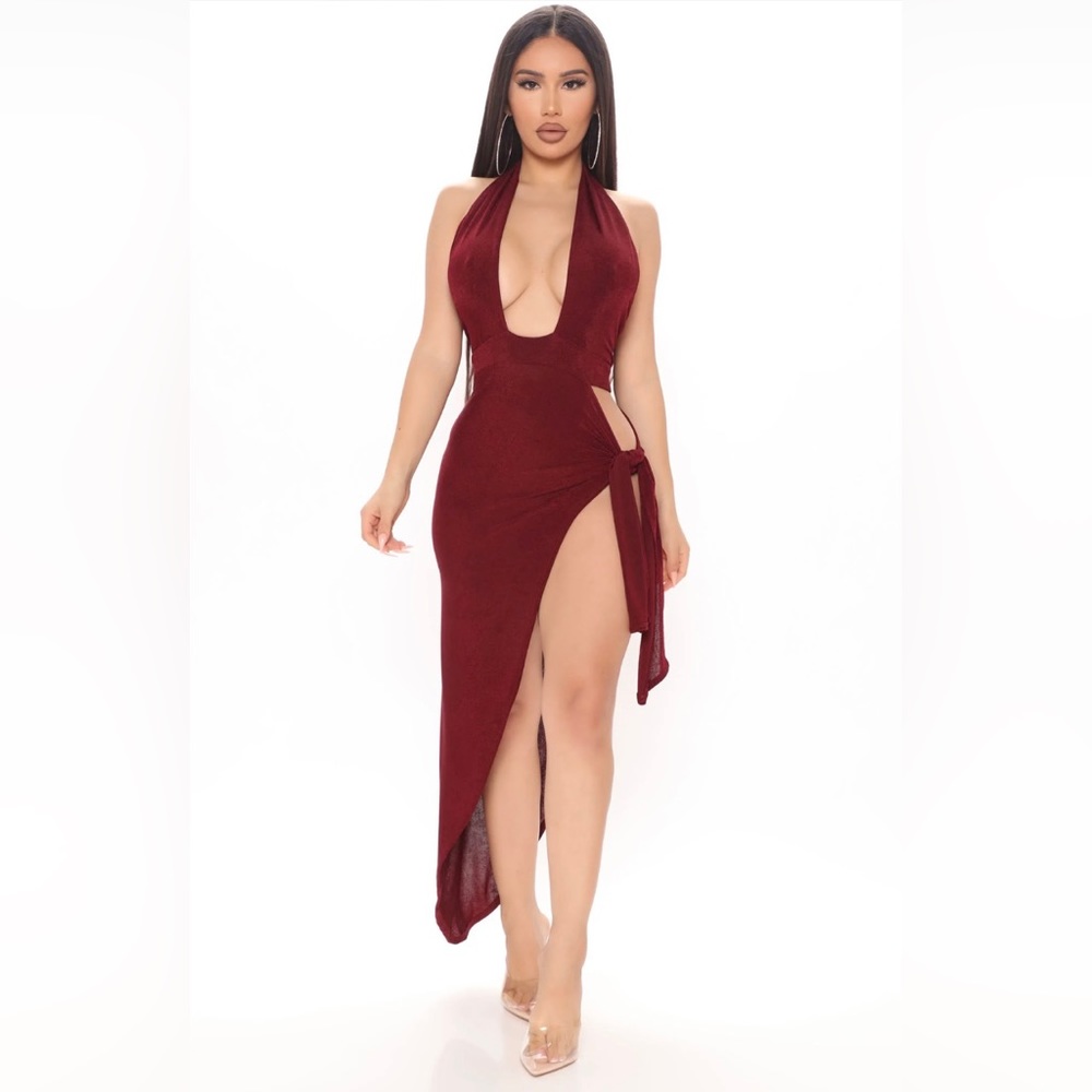 Fashion Nova Nighttime Rider Midi Dress Burgundy Size Small NWT